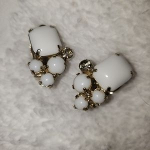 Vintage milk glass and rhinestone clip ons